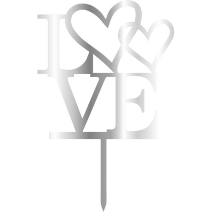 Връх за торта "Love - с две сърца" - сребърен