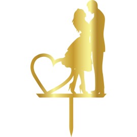 Връх за торта "Брачна двойка със сърце" - златен